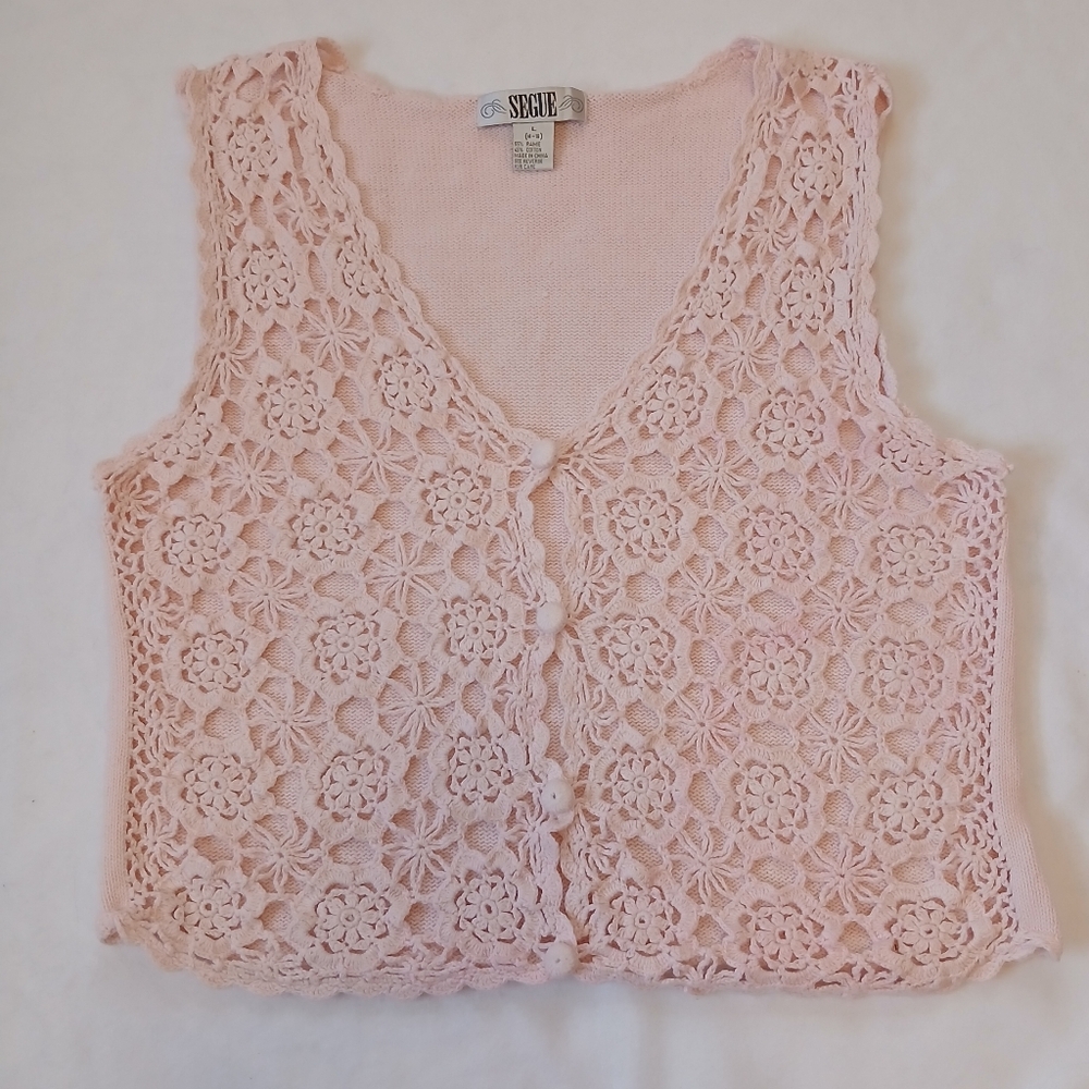 Segue LG Crochet Light Pink Sweater Vest Cotton And Ramie Vintage